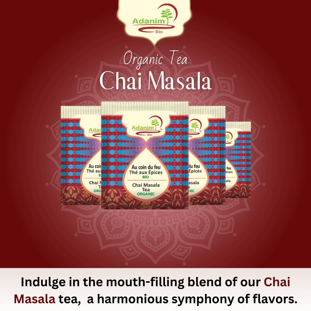Adanim Bio Bolsas de té indio Chai, 20 bolsitas de té, bolsas de té orgánico Masala Chai Chai, té indio Chai Masala sin cafeína, té Masala Chai