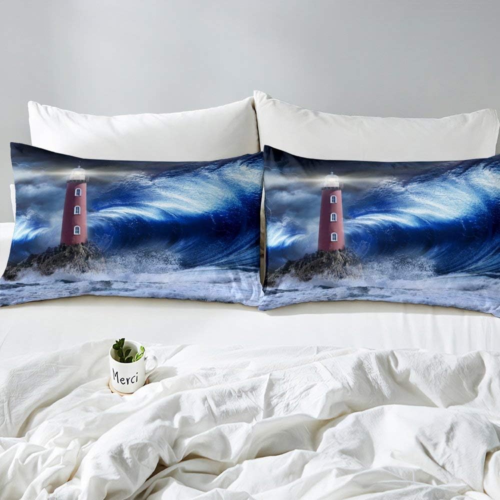 Erosebridal Juego de funda de edredón náutica con diseño de faro, juego de ropa de cama con olas del océano, tamaño Queen, funda de edredón con