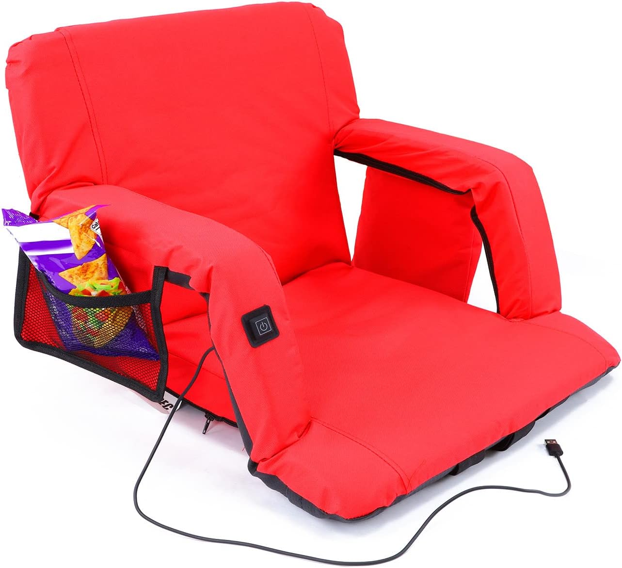 Xspec Asiento de estadio reclinable grande y ancho con reposabrazos, batería no incluida, silla plegable con soporte trasero y bolsillos, asiento