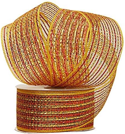 Guirnalda de Navidad de malla decorativa  2-12 pulgadas x 20 yardas, rollo de cinta a rayas rojas doradas y metálicas, festón, otoño, decoración de