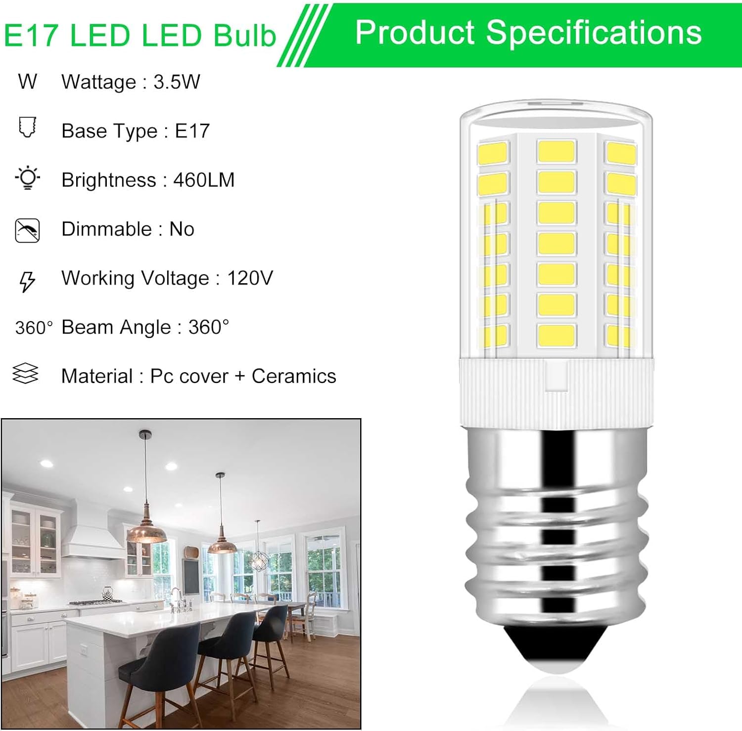 Bombilla LED E17 para microondas para refrigerador, campana extractora sobre estufa, 5000 K, luz diurna T5 E17, base intermedia equivalente a 3,5 W,