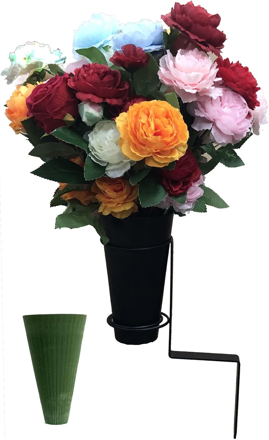 Florero de cementerio de metal para decoraciones de cementerio de tumbas para cementerio de tumba en suelo con estacas y espuma floral azul
