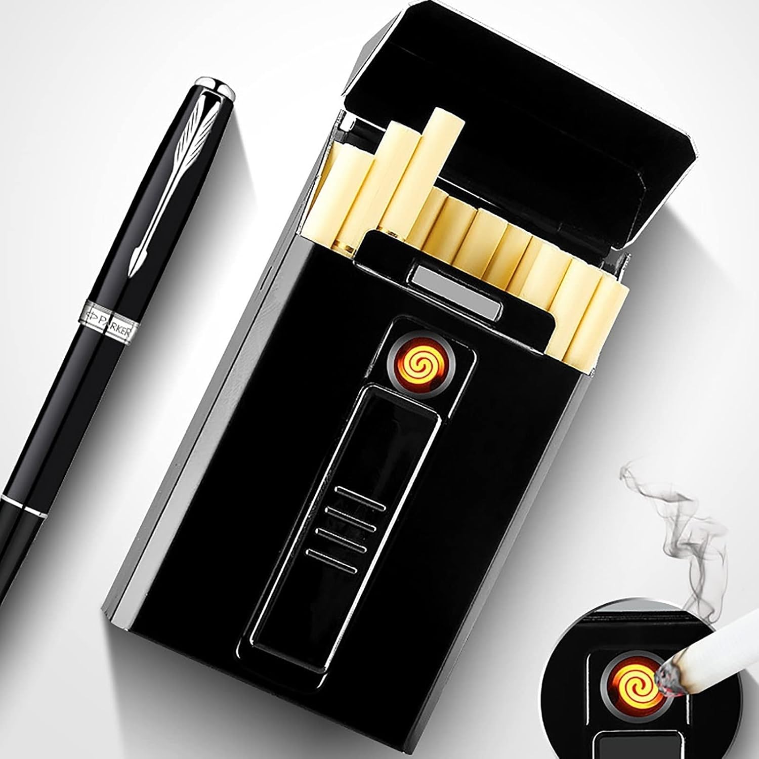 Estuche de cigarrillos 2 en 1 con encendedor eléctrico recargable por USB, paquete de 20 cigarrillos de 3.93 pulgadas, con encendedores sin llama a