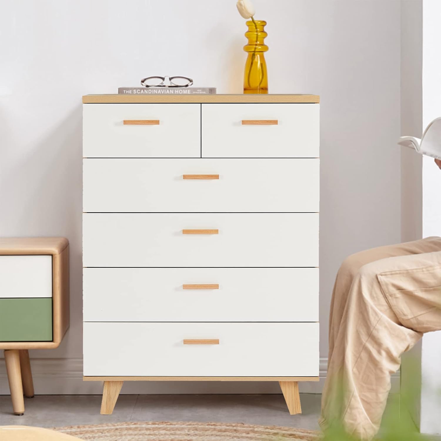 SSLine Cómoda de 6 cajones, cómoda moderna con patas y pomos de madera maciza, mesa auxiliar grande armario de almacenamiento para dormitorio, sala