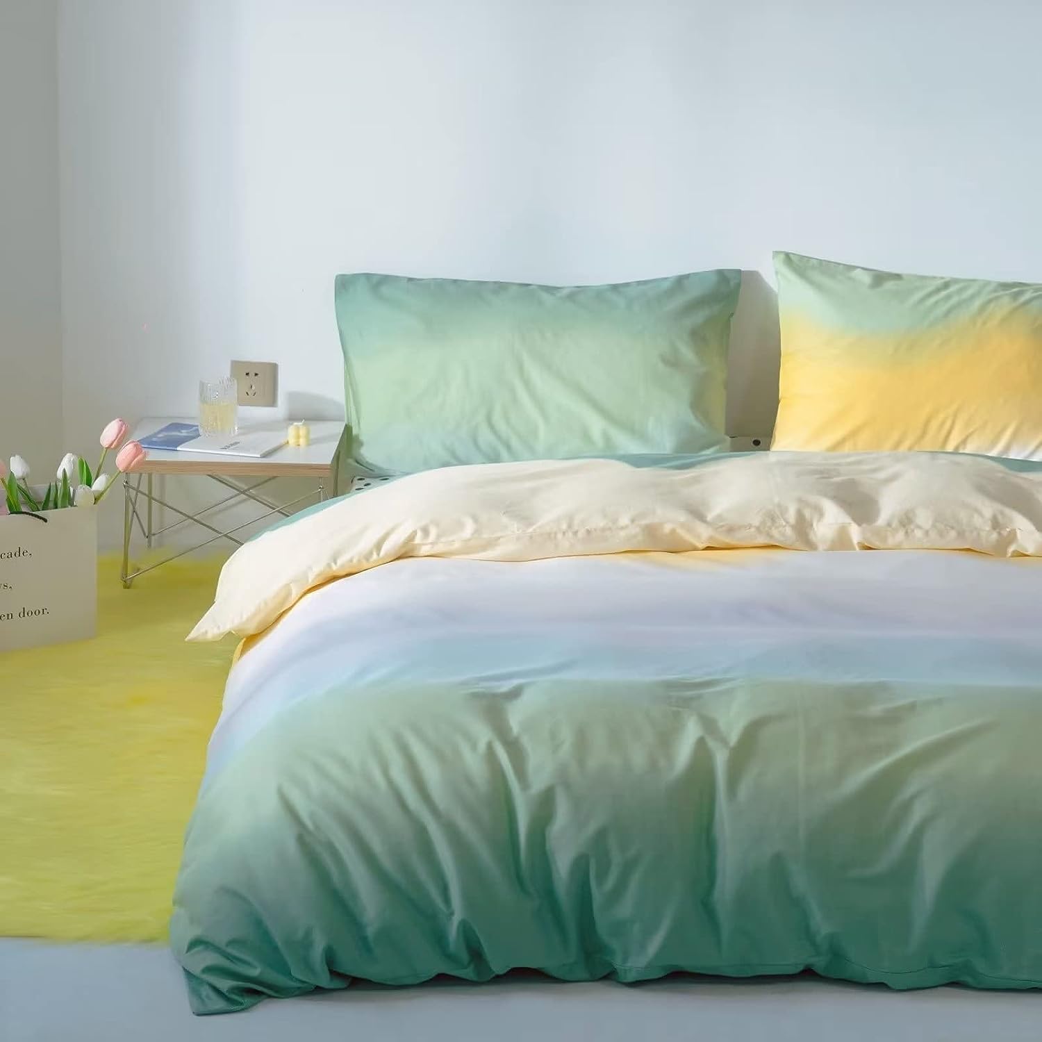 Juego de edredón verde degradado, tamaño matrimonial, color verde salvia y amarillo, juego de ropa de cama multicolor, amarillo y verde claro, juego