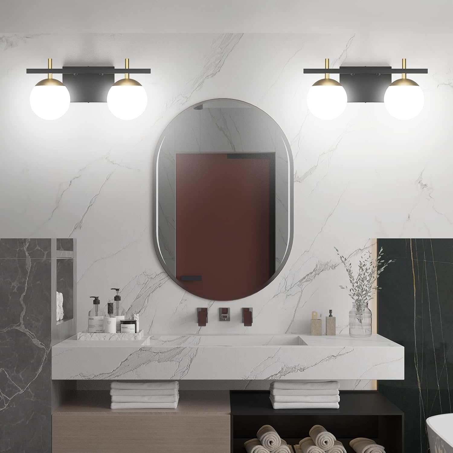 Ralbay Lámpara de tocador de baño de oro negro 2 luces de mediados de siglo moderna lámpara de pared de bola de vidrio lechoso negrodorado para baño