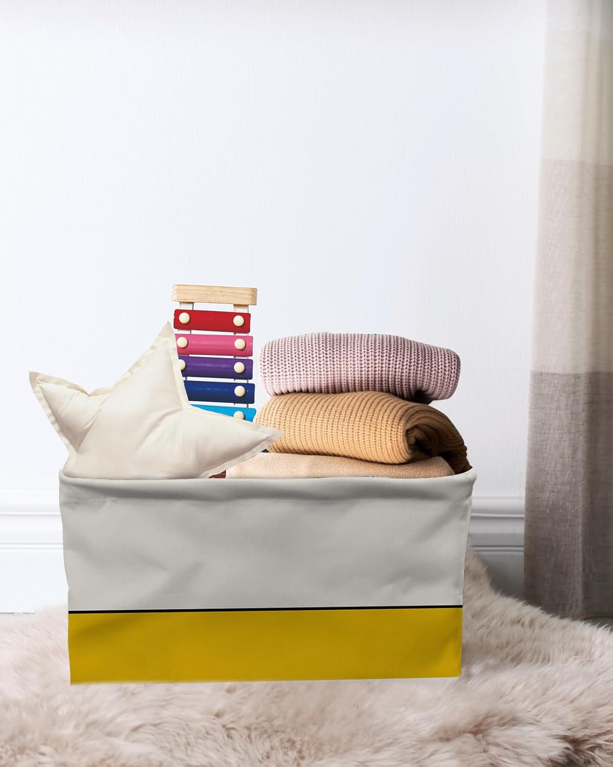 Cesta de almacenamiento geométrica amarilla para organizar estantes, cajas de almacenamiento plegables con asa, bloque de color beige moderno,