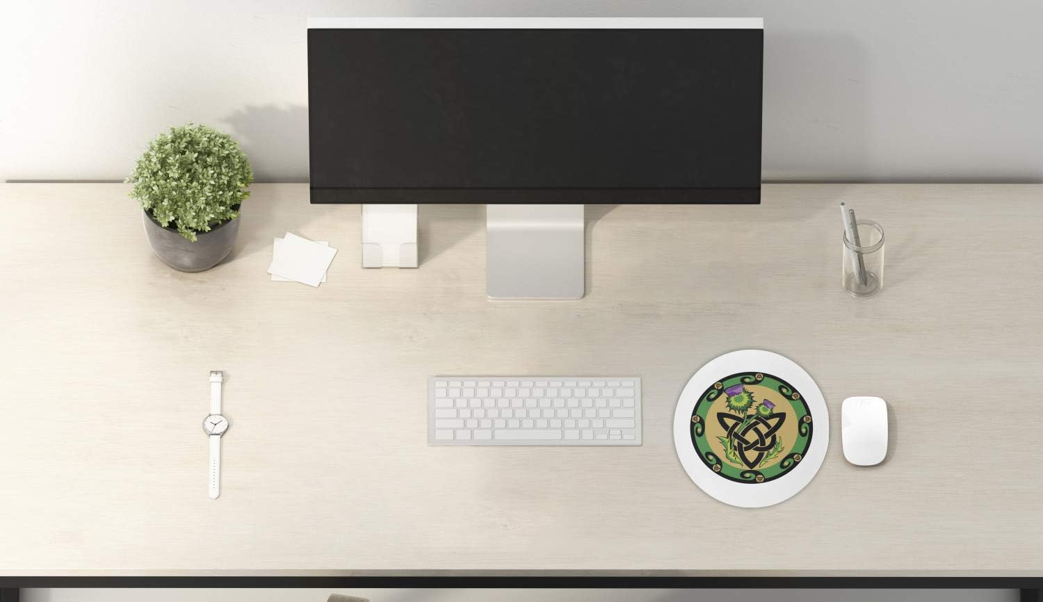 Ambesonne Thistle Mouse Pad for Computers, Thistle Petal and Stems with Thorns in a Circular Border of Celtic Knot, Round Non-Slip Thick Rubber