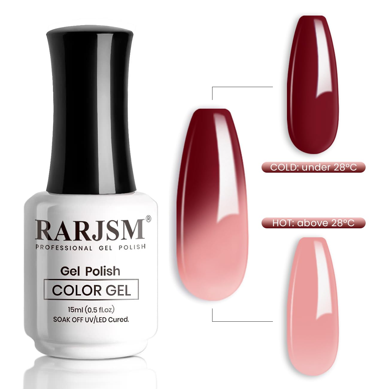 RARJSM Esmalte de uñas de gel que cambia de color, color rojo burdeos a rosa nude, 0.5 onzas líquidas, esmalte de uñas en gel que cambia el estado