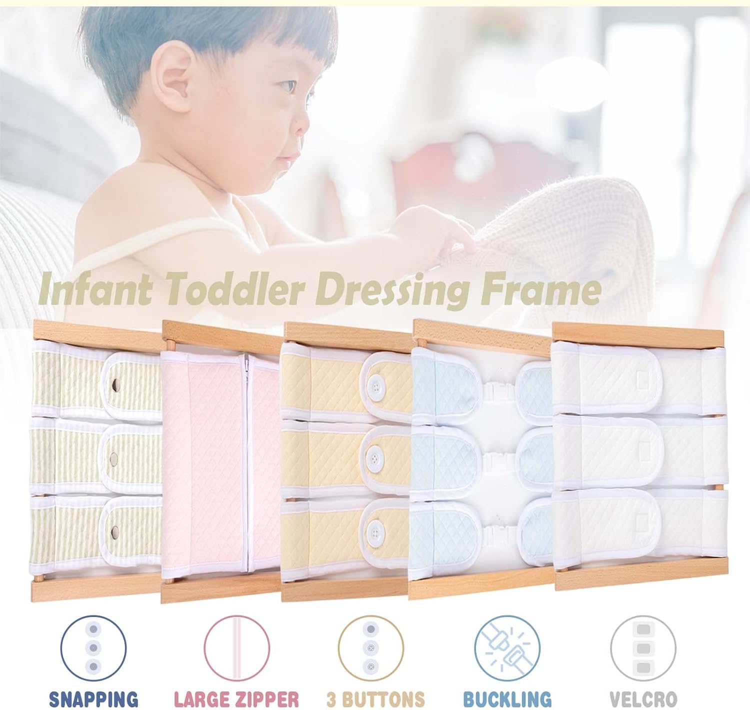 Montessori – Juguetes de madera para vestirse, tabla de aprendizaje para aprender habilidades básicas de vestir botones, broches de presión,