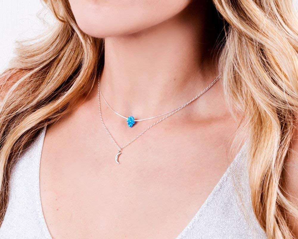 Blue Opal Hamsa on a Sterling Silver Choker Necklace- Handmade Protection Hand Charm Collar – 13.5 + 3 inch extending (royal blue, sterling-silver)