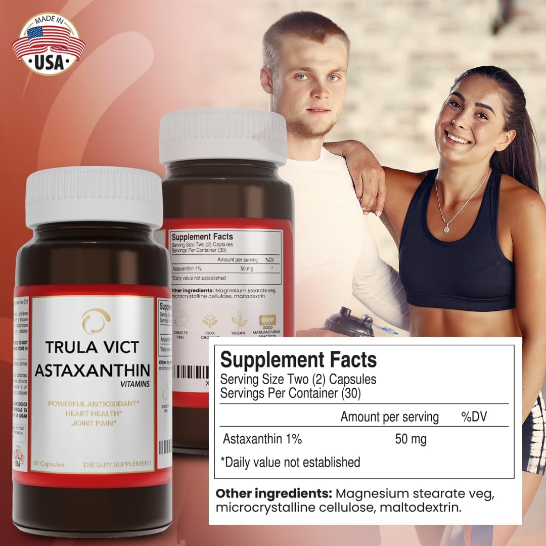 Cápsula de astaxantina, 50 mg 60 píldoras. Antioxidante premium – Suplemento de nutrición deportiva e inmunidad – Apoya la salud ocular, articular y
