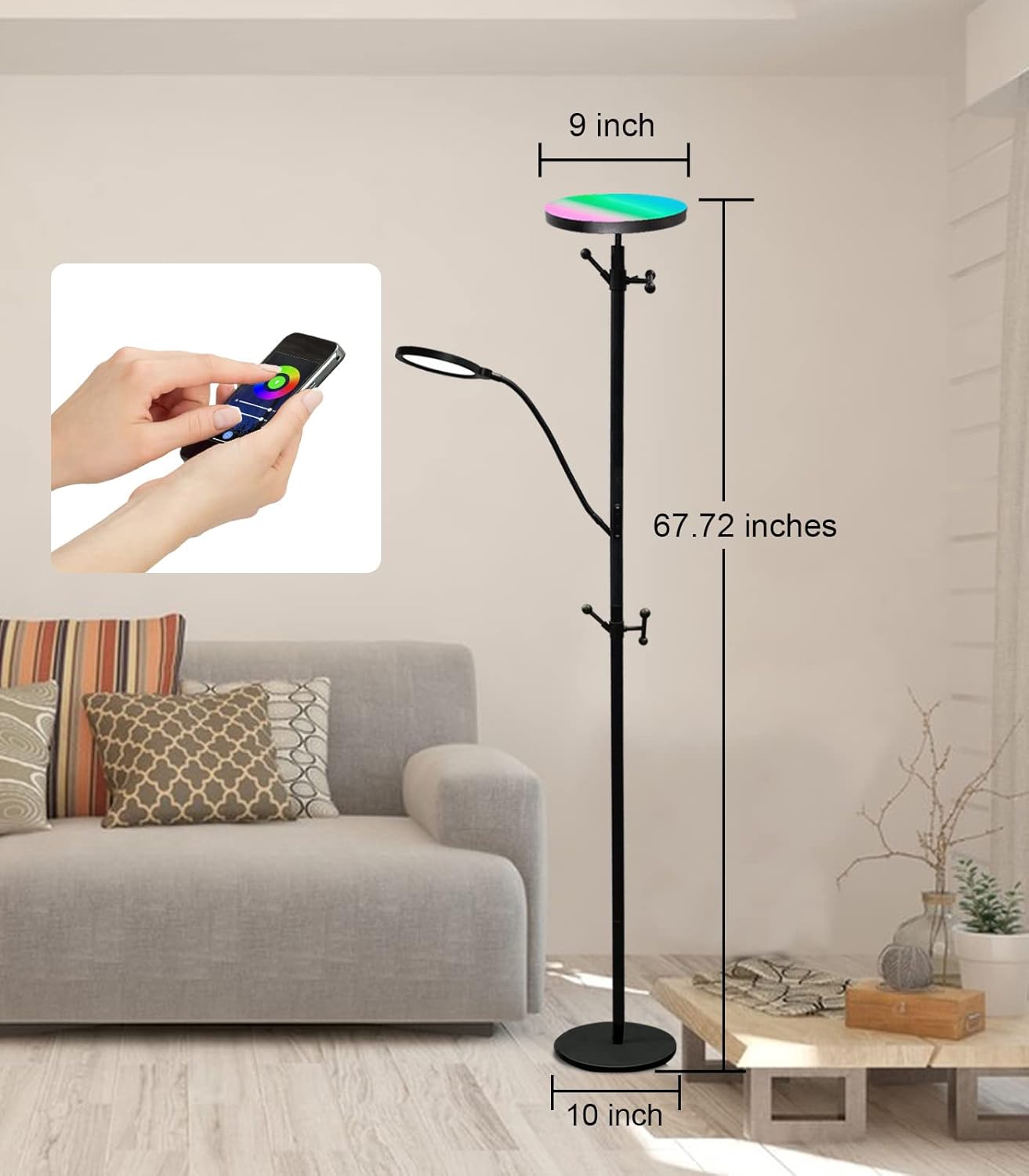 Lámpara de pie inteligente RGB, lámpara de sala de estar, lámpara de ropa y sombrero, lámpara de pie LED luz principal y lámpara de lectura lateral,