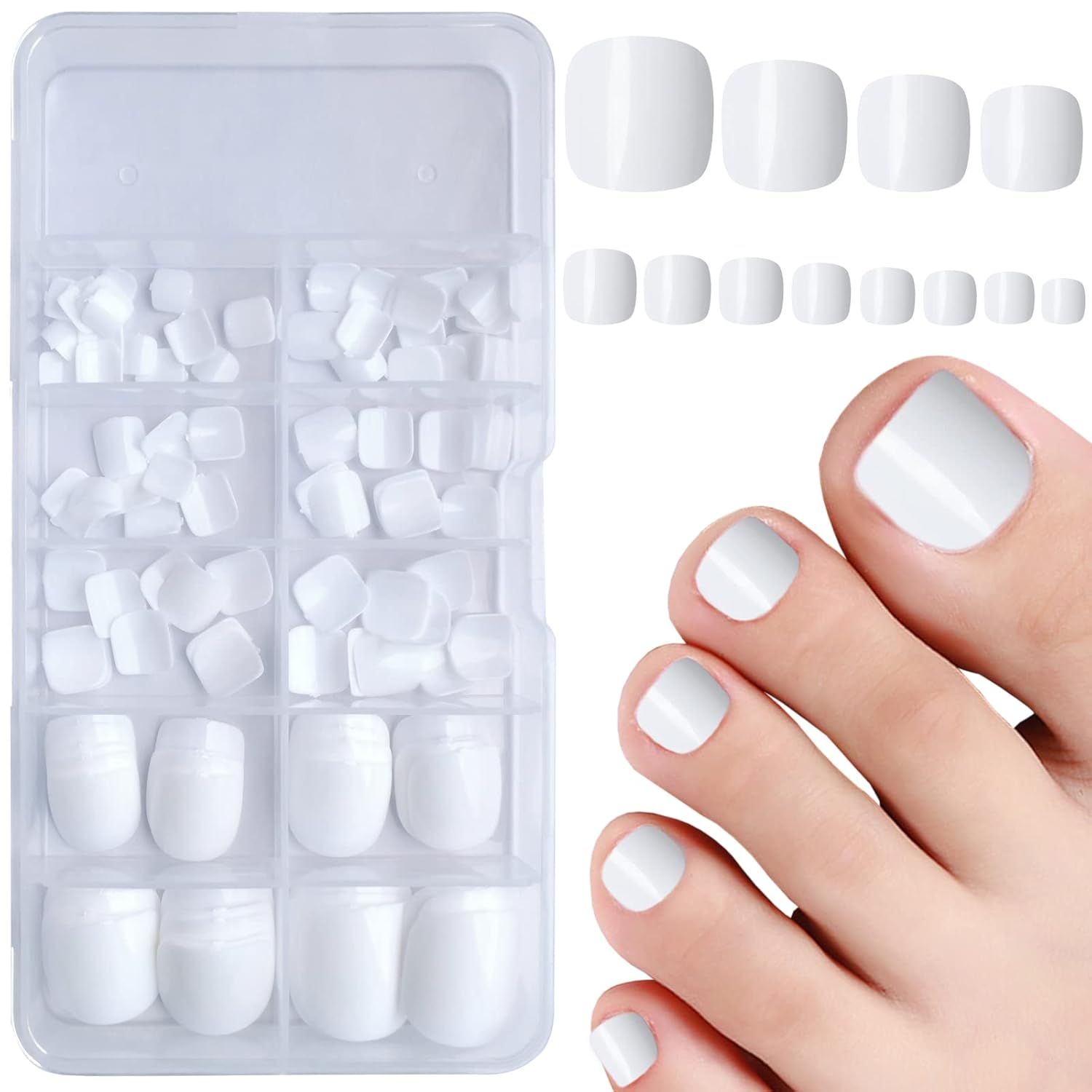 Uñas postizas blancas a presión, 120 unidades, uñas postizas cuadradas cortas, cobertura completa, acrílico brillante, puntas de uñas postizas con 5