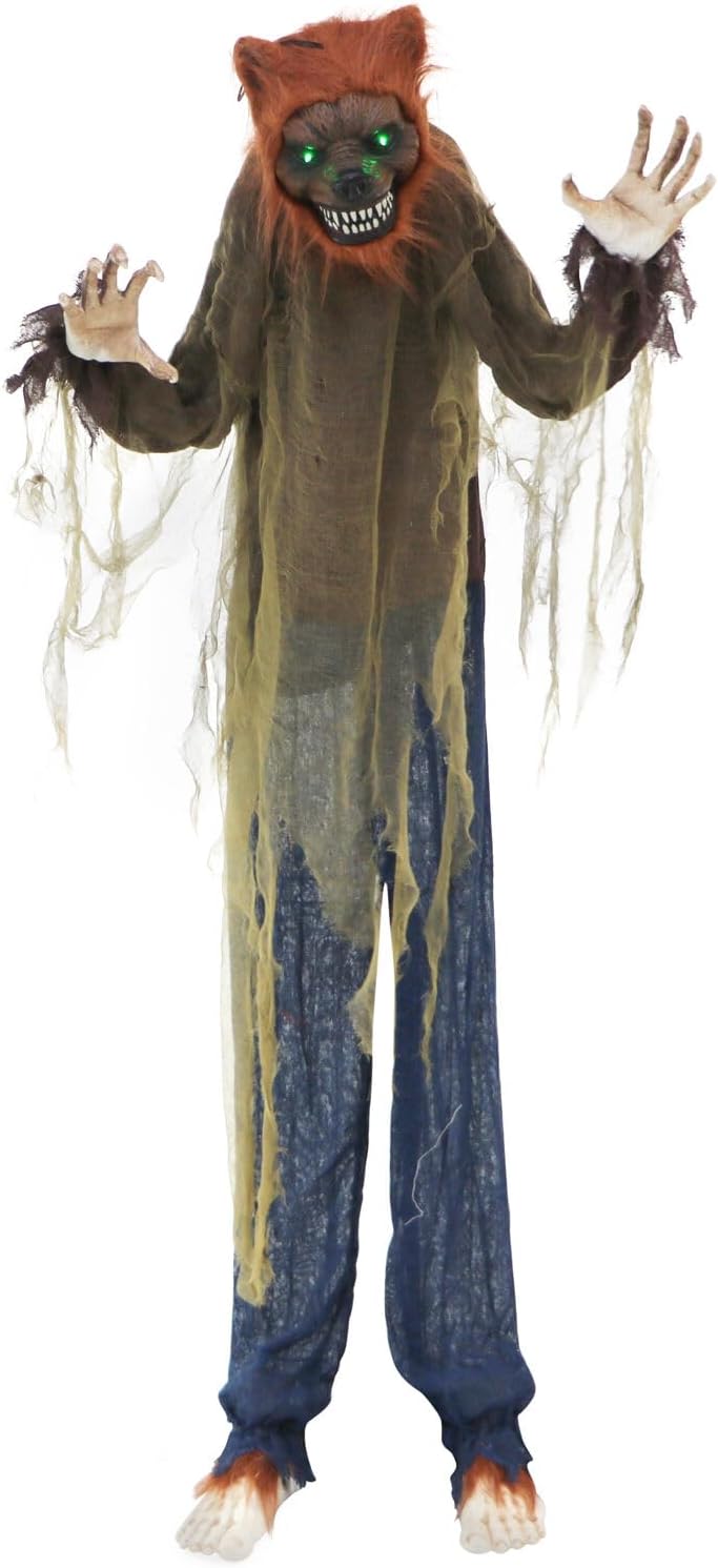 Haunted Hill Farm Hombre lobo animatrónico de tamaño real con luces activadas al tacto y sonido, posable, funciona con pilas para interiores o