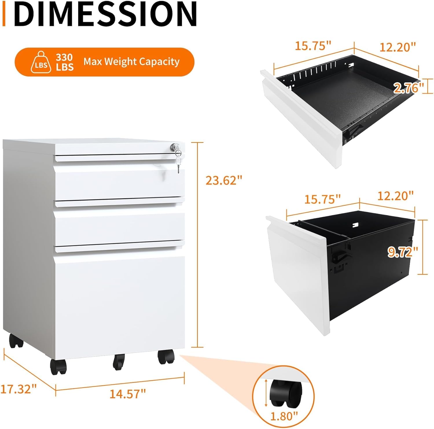 Yukimo Archivador móvil de 3 cajones, archivador para oficina en casa para cartas, tamaño legal, totalmente montado debajo del escritorio, color