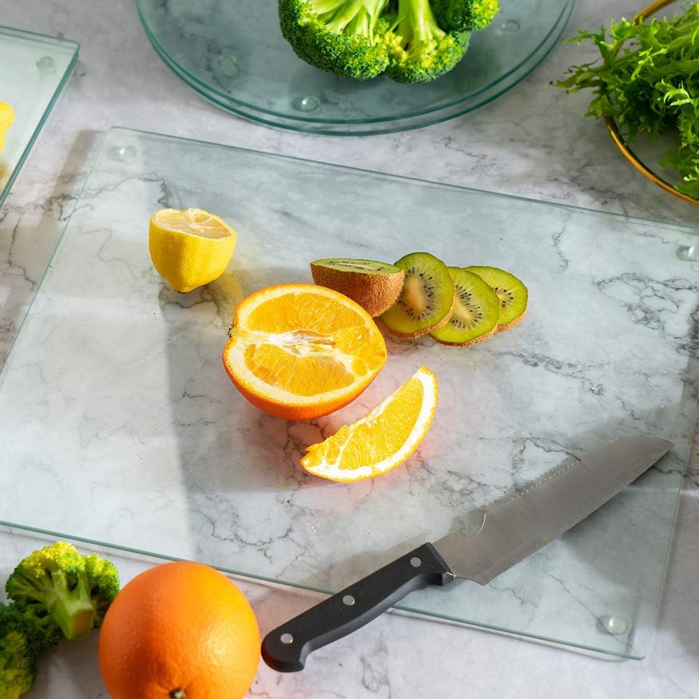 Murrey Home Juego de 4 tablas de cortar de vidrio templado transparente, bandejas de vidrio antideslizante para encimera de cocina, resistente al