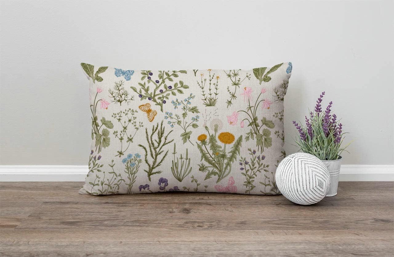 Funda de cojín decorativa de lino y algodón botánico con plantas de jardín vintage con hierbas, flores, para sofá, cama, 12 x 20 pulgadas
