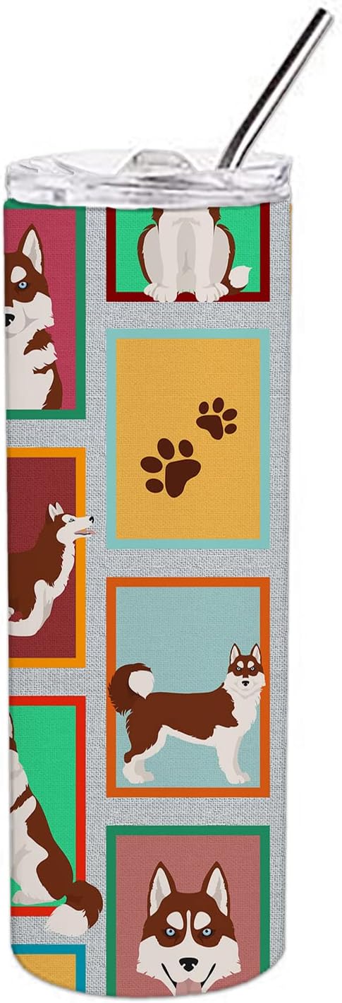 Caroline’s Treasures MLM1160TBL20 – Lots of Red Siberian Husky – Vaso delgado de acero inoxidable de 20 onzas, vaso térmico reutilizable de doble