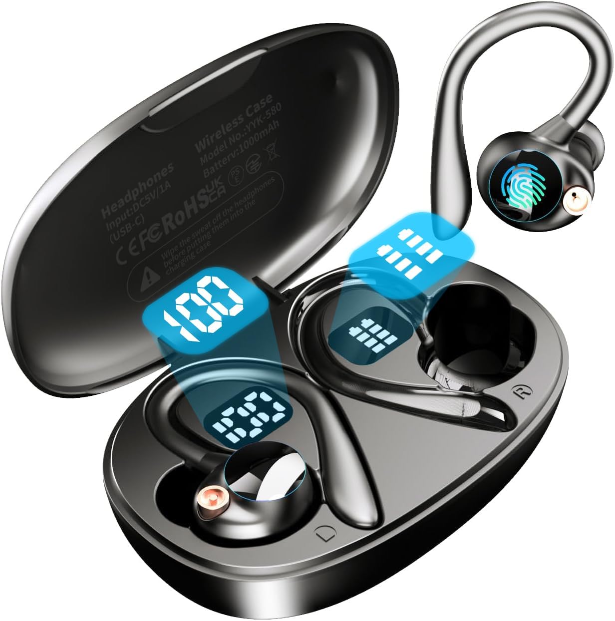 Auriculares inalámbricos Bluetooth 5.3 deportivos Bluetooth 5.3 con 120 horas de reproducción, pantalla de batería LED dual con gancho para la oreja