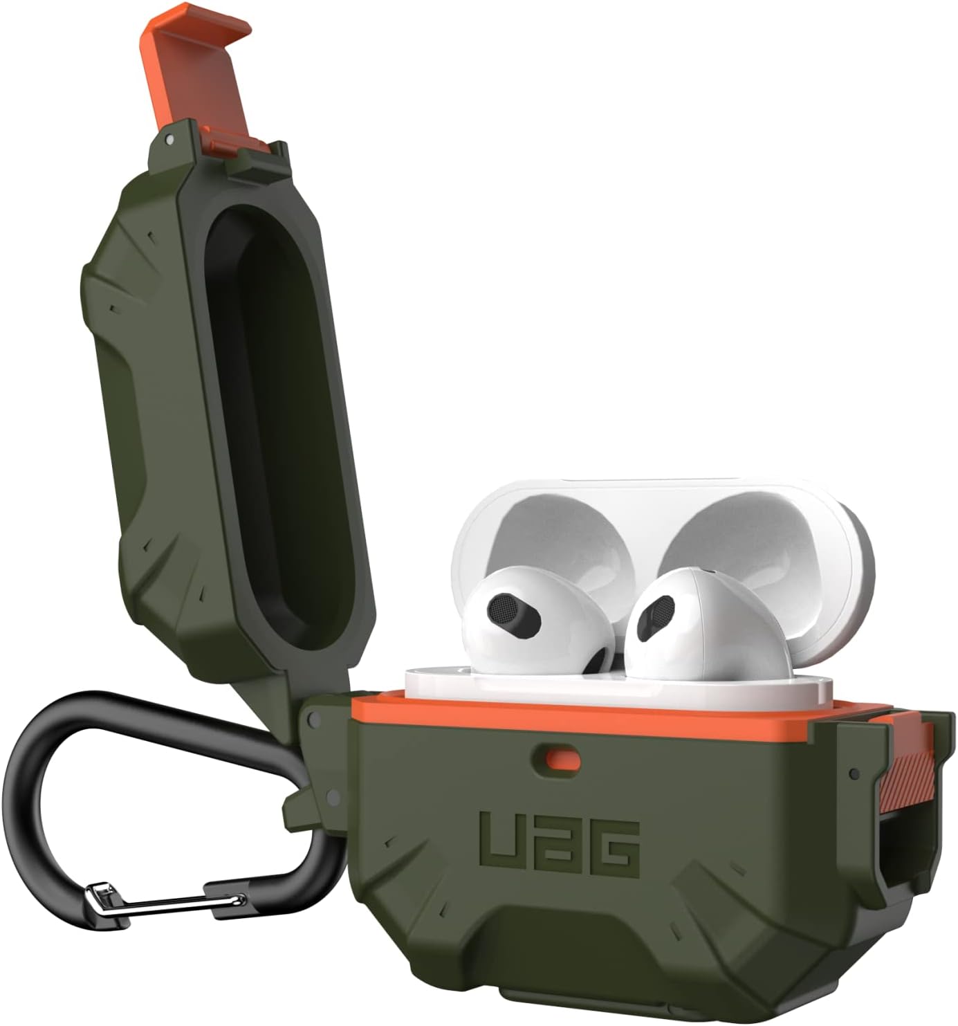 URBAN ARMOR GEAR UAG – Funda protectora duradera y suave al tacto diseñada para AirPod, color verde y naranja (3 generación, 2021) con mosquetón