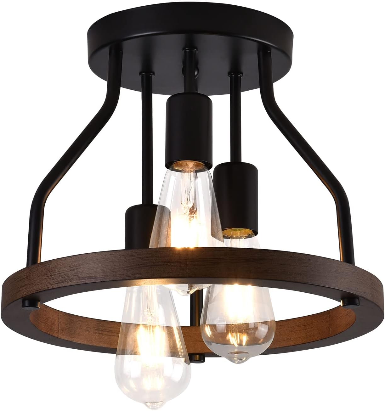 Lámpara de techo empotrada de 3 luces, marco de madera + pantalla de metal negro, lámpara de techo rústica para cocina, comedor, pasillo,