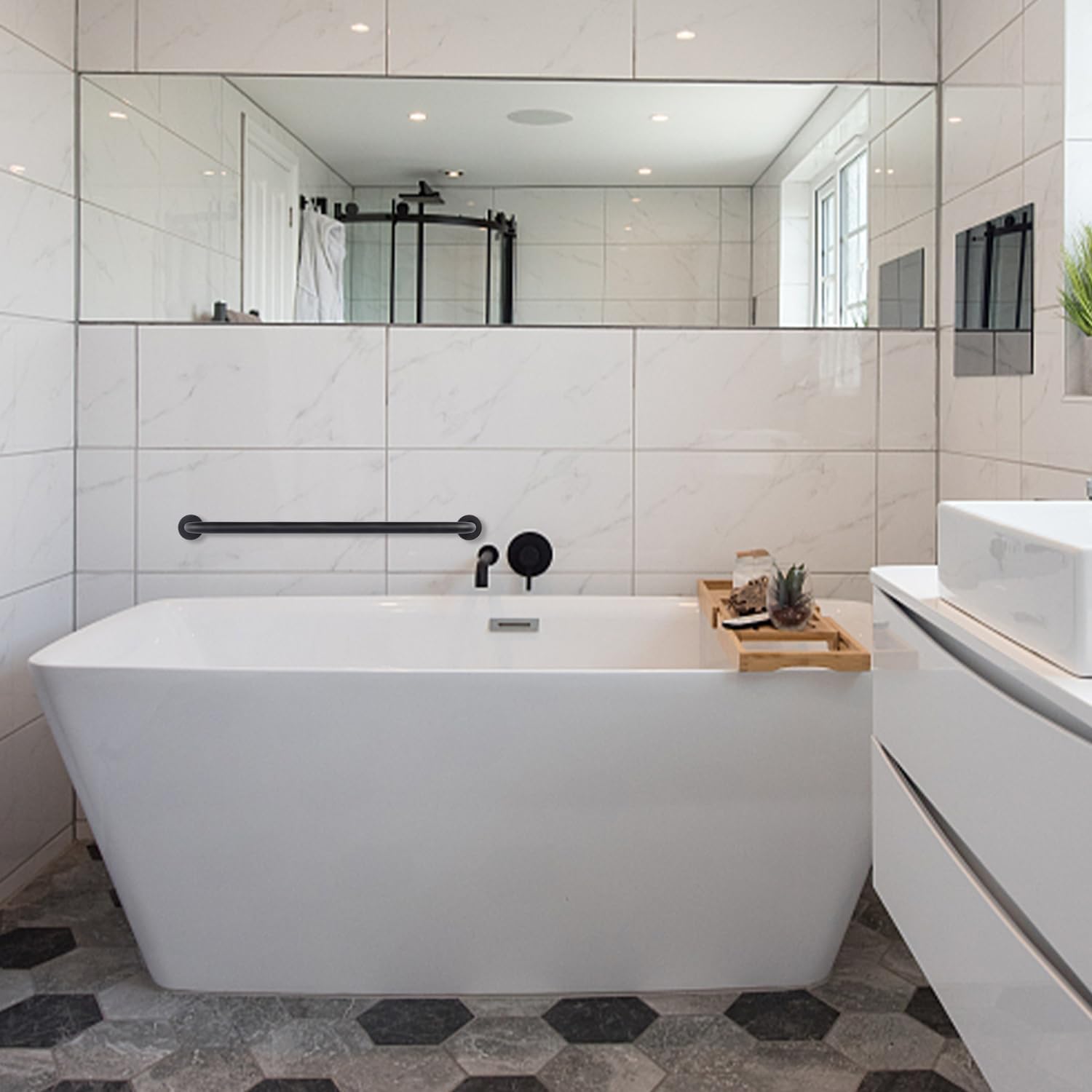 supregear Barras de agarre para baño, barra de seguridad de ducha negra de 28 pulgadas de largo, mango antideslizante de acero inoxidable 201 de