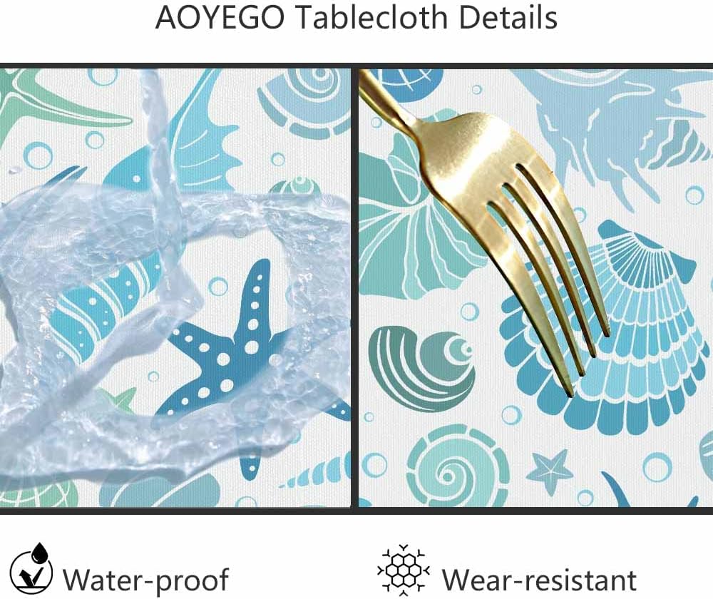 AOYEGO Mantel redondo de verano con diseño de estrellas y conchas marinas, conchas y estrellas de mar y conchas azules, 60 pulgadas para comedor,