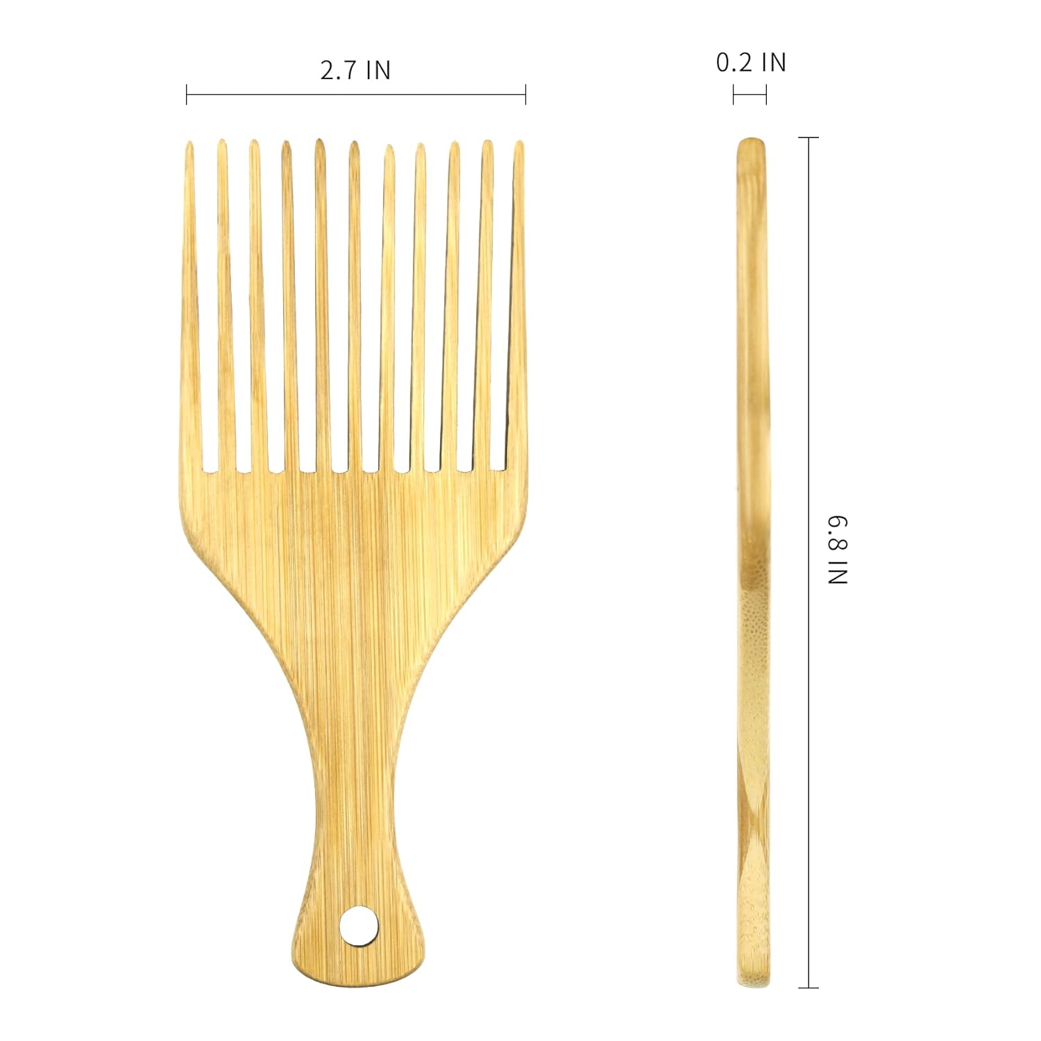 Afro Pick – Peine de pelo antiestático de bambú natural para cabello largo, grueso, rizado, para desenredar los dientes largos, gruesos y rizados,