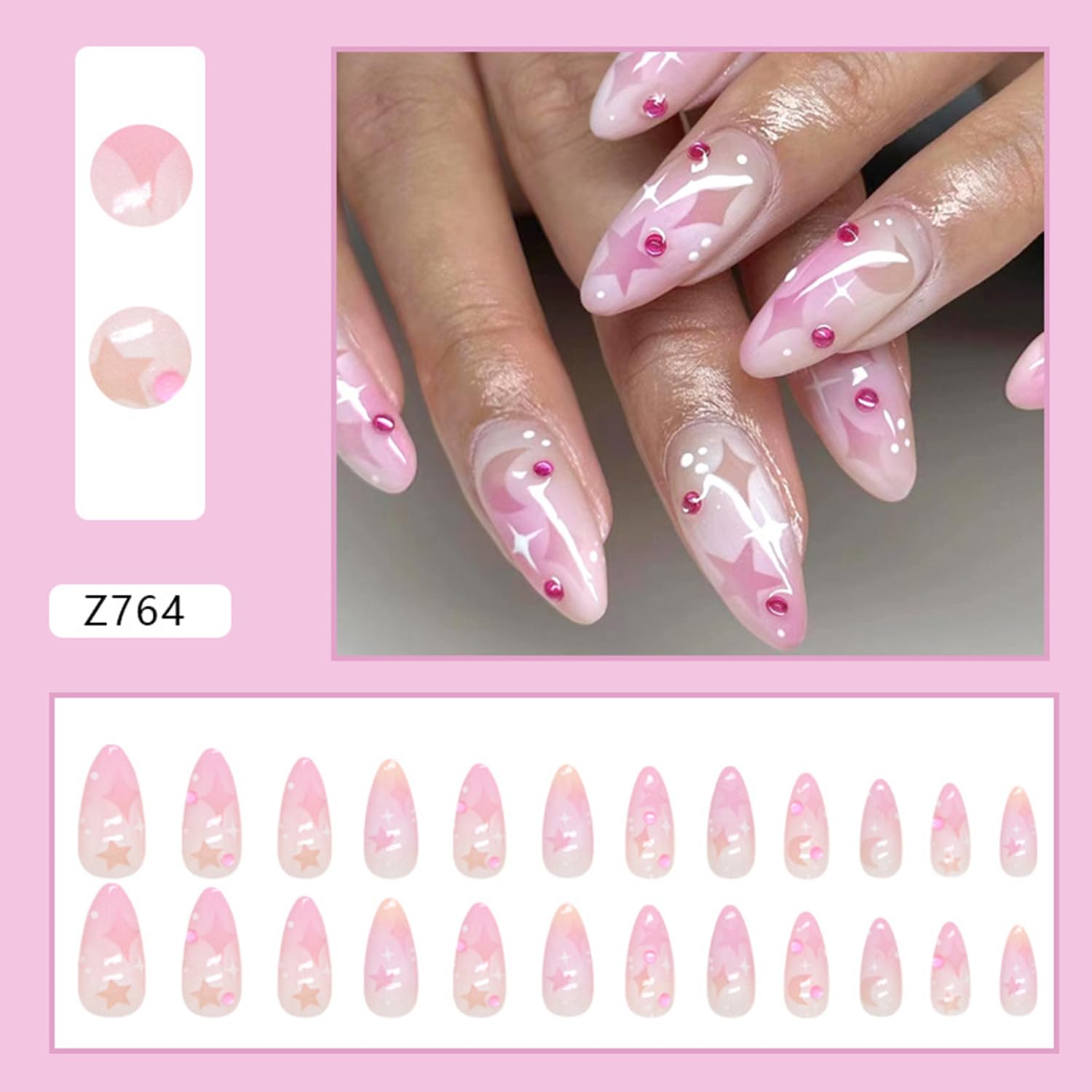 Uñas postizas a presión con diseño de luna y estrella hueca, uñas postizas largas de almendra, color rosa y morado, con diseño de diamantes de