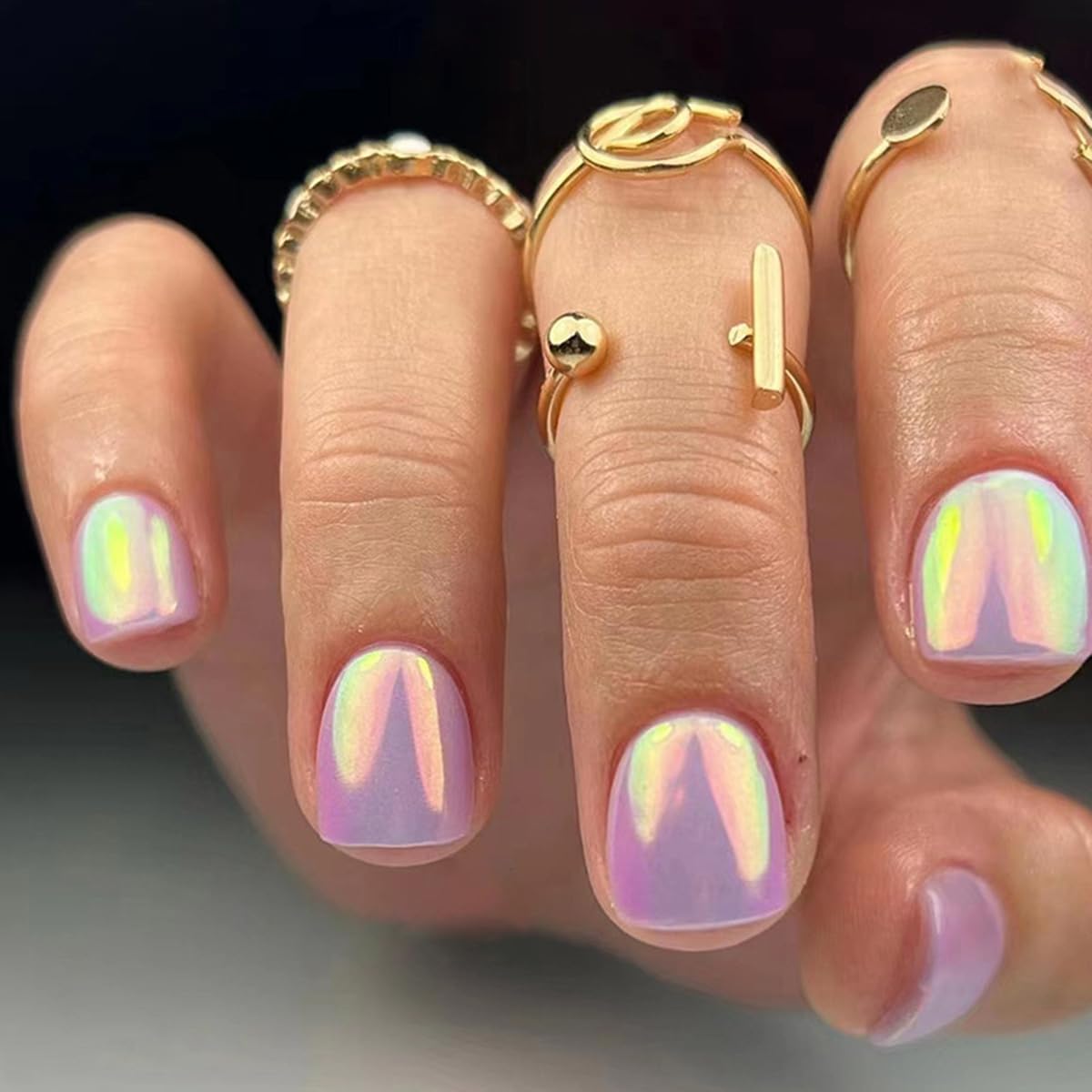 SHANRUN – Juego de 24 uñas postizas a presión color morado grisáceo, cuadradas, brillantes, brillantes, diseño aurora, cobertura completa, kit de