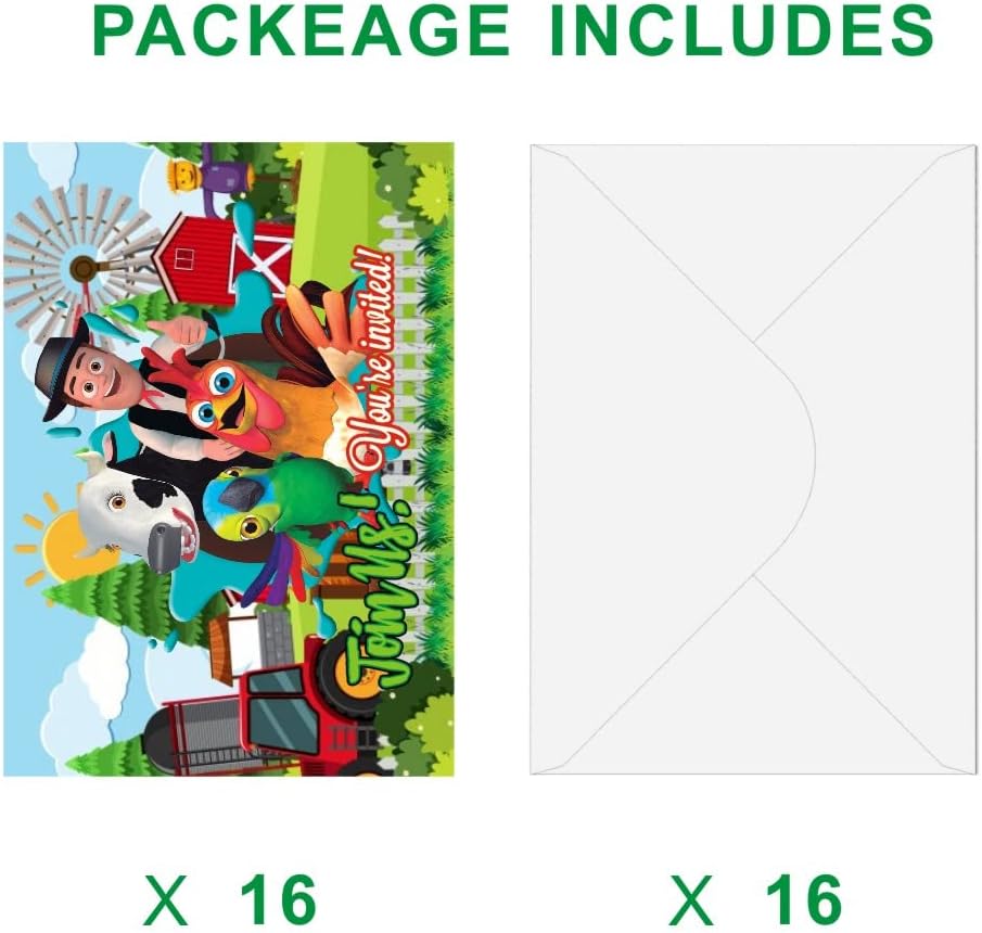 ZPLHBHX 16 tarjetas de invitación de cumpleaños de granja con sobres, suministros de fiesta de cumpleaños de granja para decoraciones de cumpleaños