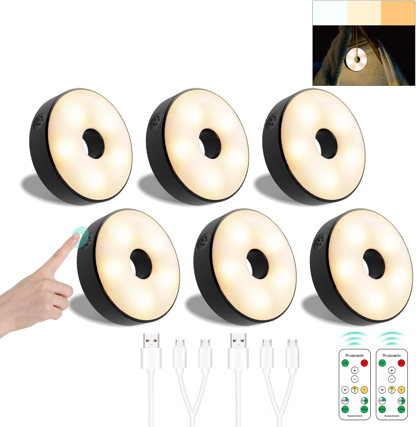 Luces de disco con control remoto, luces para debajo del gabinete, luces de armario con batería de 1600 mAh, paquete de 6, iluminación magnética