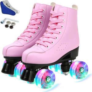 Patines para mujer, de piel sintética, patines brillantes ajustables, patines de 4 ruedas, de doble línea para chica. Patines para mujer, de piel sintética, patines brillantes ajustables, patines de 4 ruedas, de doble línea para chica.