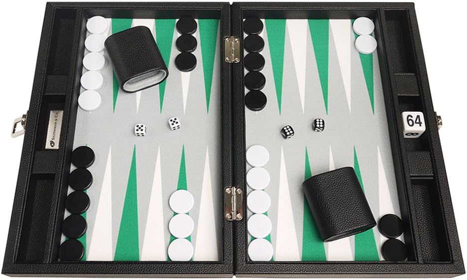 Silverman & Co. Juego de Backgammon Premium de 13 pulgadas, tamaño de viaje, tablero negro, puntos blancos y verdes
