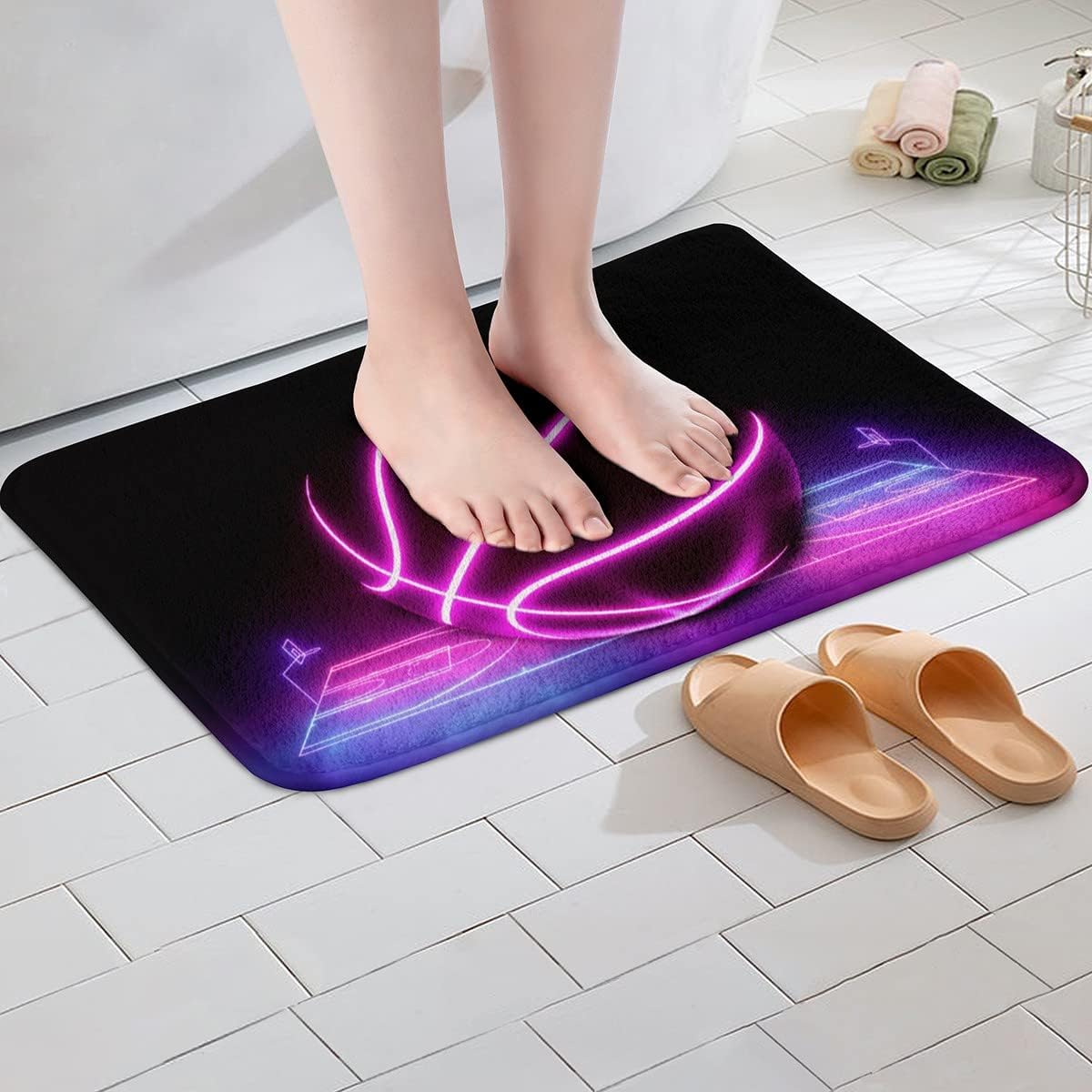 Tapete de baño de baloncesto brillante para niños y niñas, para cancha de baloncesto con degradado neón, antideslizante, absorbente, alfombra de