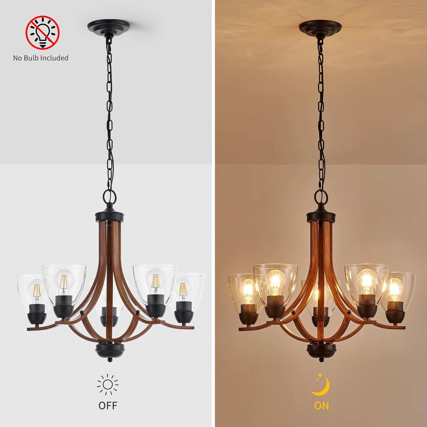 Lámpara de araña de madera con vidrio, estilo vintage, estilo granja, 5 luces, rústico, de 24.8 pulgadas, con acabado de madera, lámpara de cristal