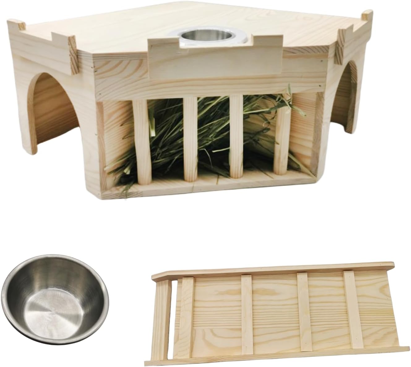 Hamiledyi Estante de heno de madera para conejillos de indias, estante de heno de madera natural, soporte de heno de gran capacidad, doble