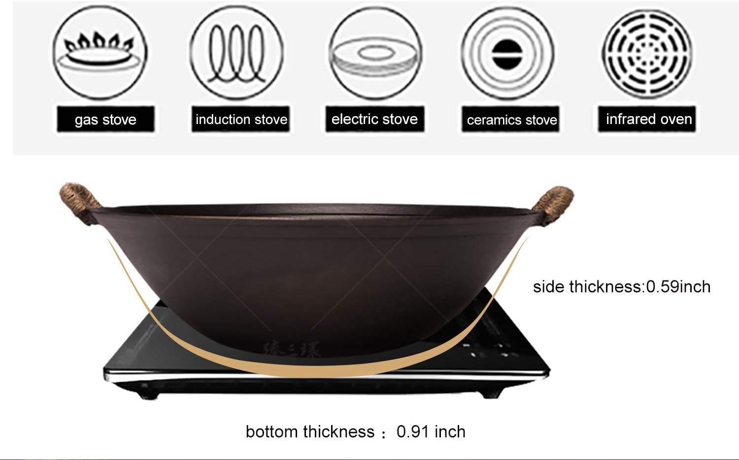 ZhenSanHuan Wok de hierro fundido hecho a mano, sin revestimiento, sin pintura, saludable, fondo plano, apto para inducción (12.6 pulgadas)