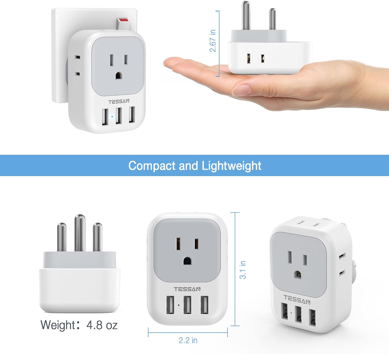TESSAN Adaptador de corriente para Sudáfrica, adaptador de enchufe de viaje tipo M con 4 salidas de CA y 3 puertos USB para EE. UU. a Sudáfrica