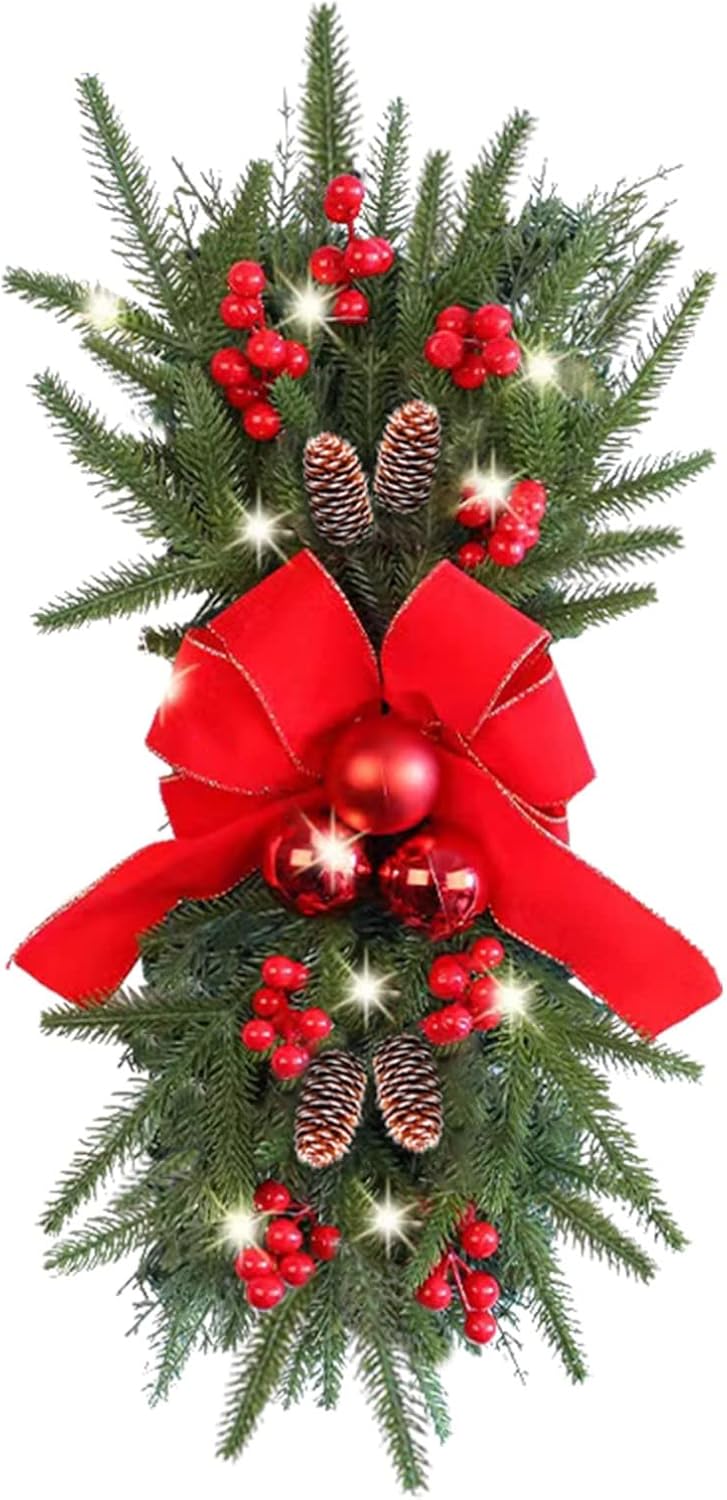 Guirnalda de escaleras de Navidad preiluminada, guirnalda de Navidad, el borde de escalera preiluminado inalámbrico, coronas de Navidad para puerta