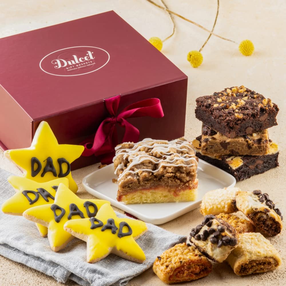 Dulcet Gift Baskets Caja de regalo gourmet para el Día del Padre con galletas de estrella helada con delicioso rugelah, brownie de dulce de azúcar y