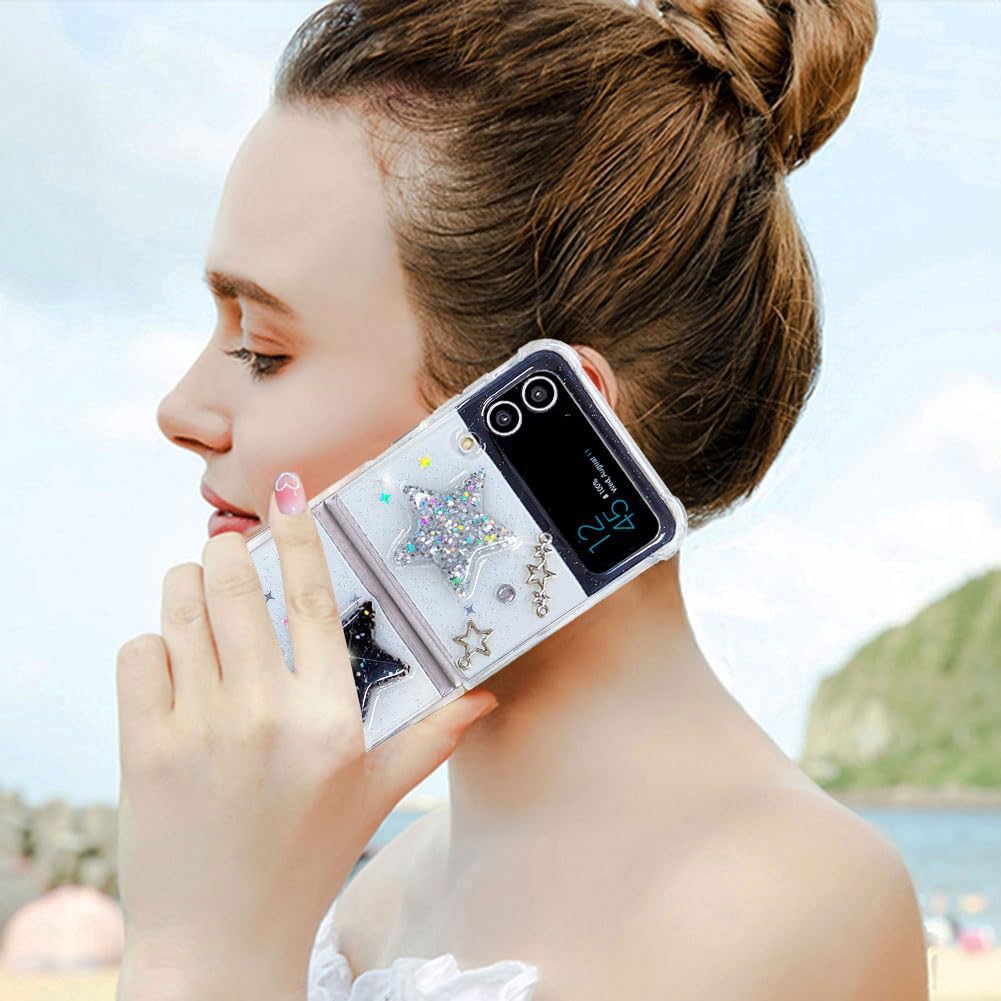 Funda para Samsung Galaxy Z Flip 4 con diseño de estrellas con purpurina, bonita funda transparente con diseño de estrellas 3D brillantes y