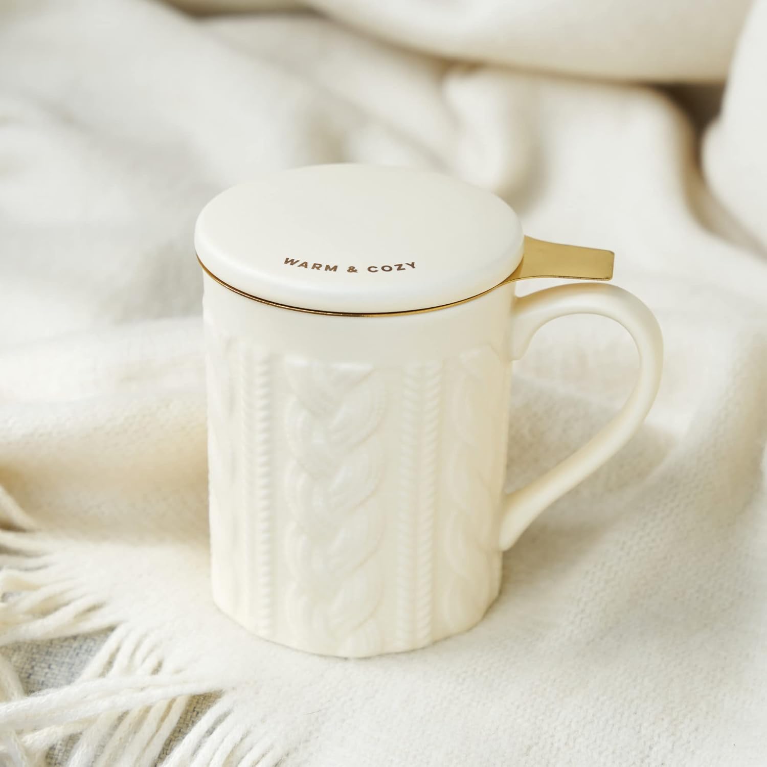 Pinky Up Annette – Taza de té de cerámica e infusor de té de hojas sueltas, accesorios de té de hojas de Loos, taza de té, diseño de punto, 12 onzas