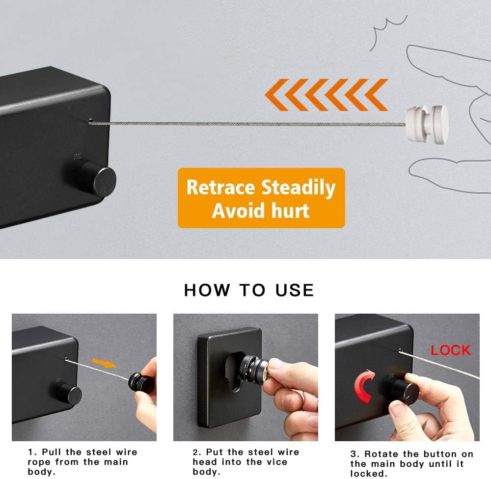 BESy Funda retráctil ABS + secadora de aluminio con cuerda doble de acero inoxidable ajustable, estilo hotel, resistente, método de montaje en