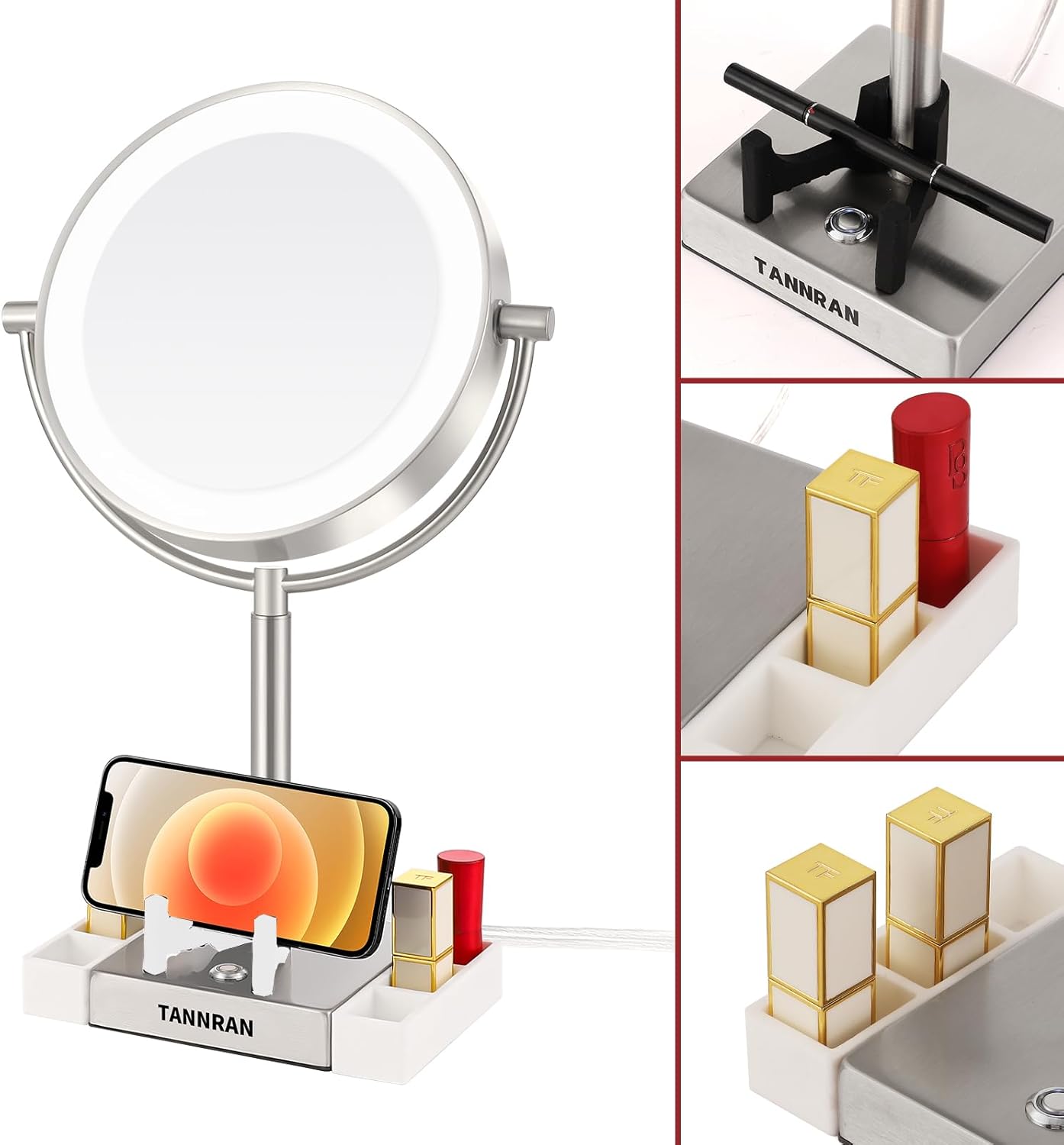 TANNRAN Espejo de maquillaje iluminado con aumento, espejo de tocador LED, espejo de aumento 1X7X, espejo de doble cara. Viene con caja de lápiz