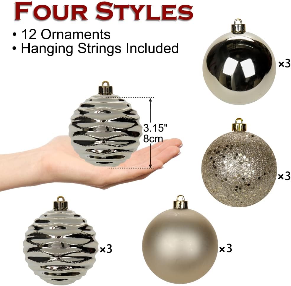 Adornos de bola de Navidad color champán de 3.15 pulgadas, 12 piezas para árbol de Navidad, inastillables, decoración del árbol de Navidad, juego de
