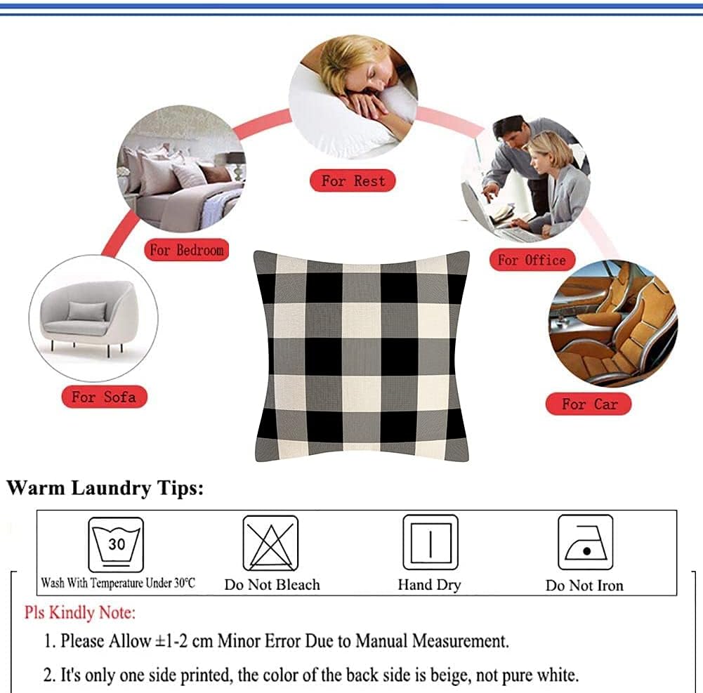 Juego de 4 fundas de almohada decorativas a cuadros de búfalo blanco y negro para interiores y exteriores, funda de almohada para sofá de 18 x 18