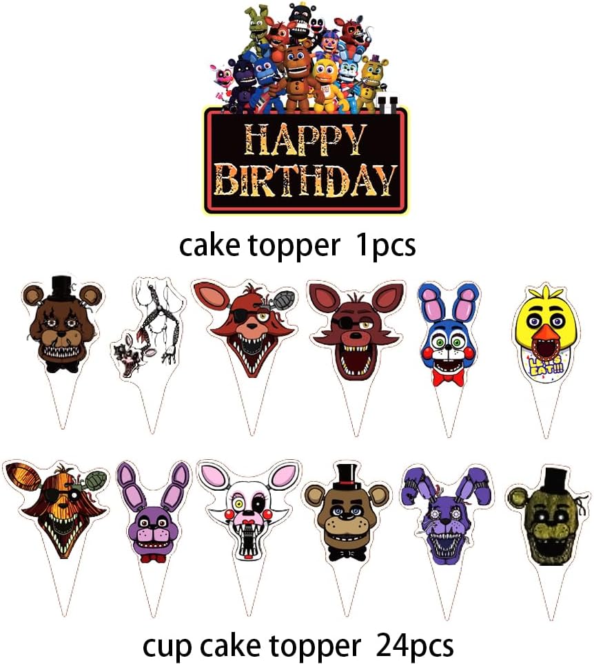 Suministros para fiesta de cumpleaños de Five Nights Freddy, 25 piezas de decoraciones de pastel de Freddy de Five Nights con adornos para cupcakes