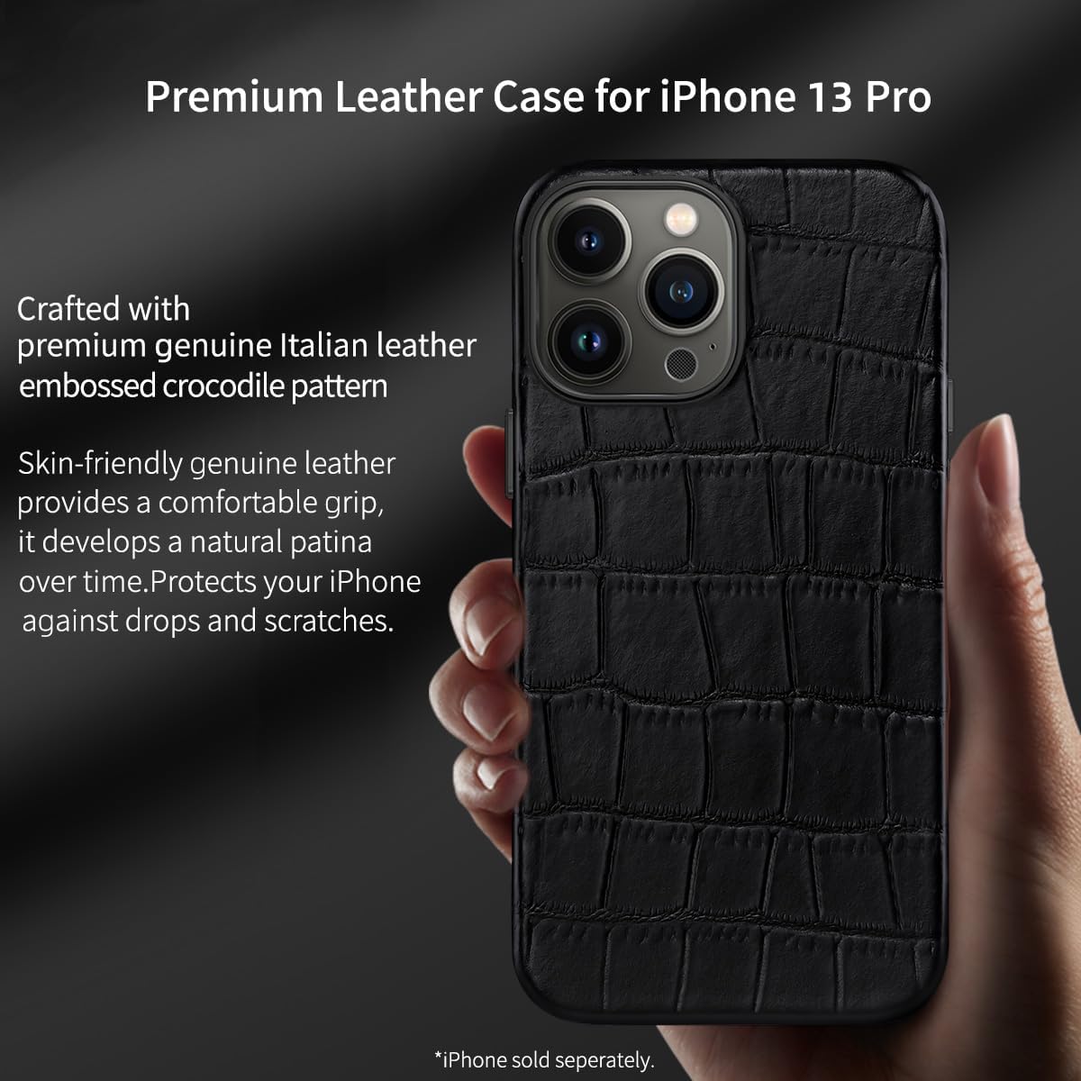 Funda de piel diseñada para iPhone 13 Pro, piel de vaca genuina, patrón de cocodrilo en relieve para iPhone 13 Pro, imanes integrados para carga